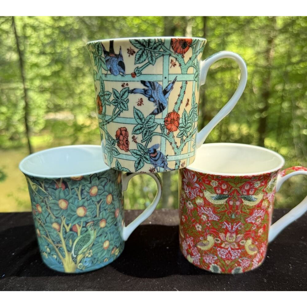 3 Vtg The Leonardo Collection China Coffee Mugs William Morris Birds Collection